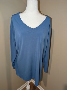 Susan Graver Relaxed V-Neck Long Sleeve Top - Slate Blue